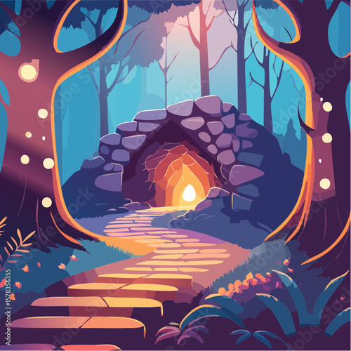 Magical forest path leading to glowing grotto