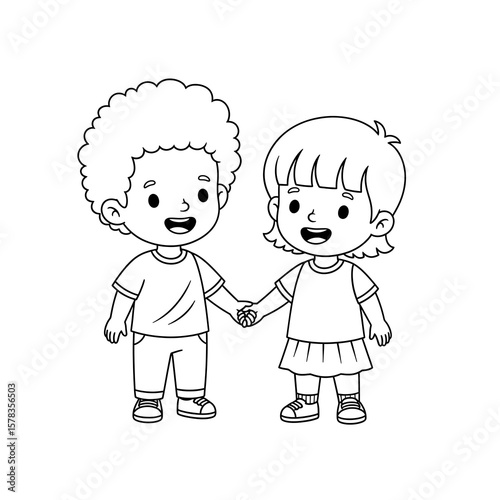 Happy children holding hands with curly hair and short hair isolated on transparent background