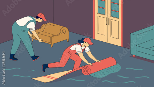 Water damage restoration service professionals removing carpet after flood cleanup and water extraction service