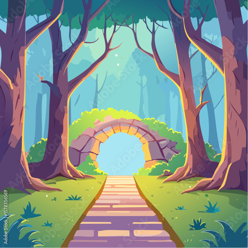 Magical forest path leading to glowing grotto