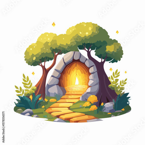 Magical forest path leading to glowing grotto