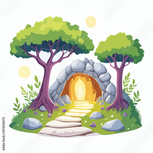 Magical forest path leading to glowing grotto