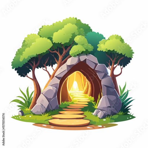 Magical forest path leading to glowing grotto