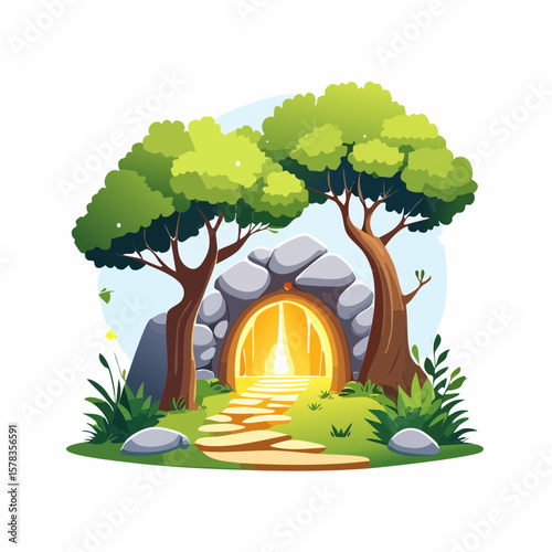 Magical forest path leading to glowing grotto