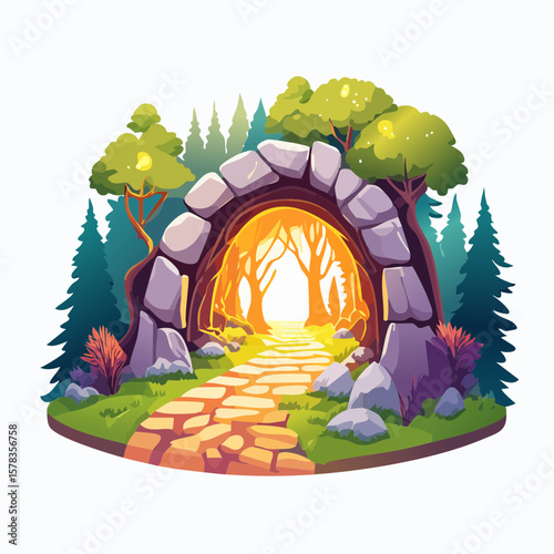 Magical forest path leading to glowing grotto