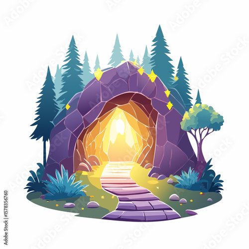 Magical forest path leading to glowing grotto