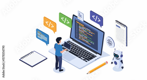 Isometric AI Development Coding Automation and Tech Illustration