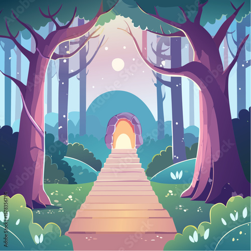 Magical forest path leading to glowing grotto