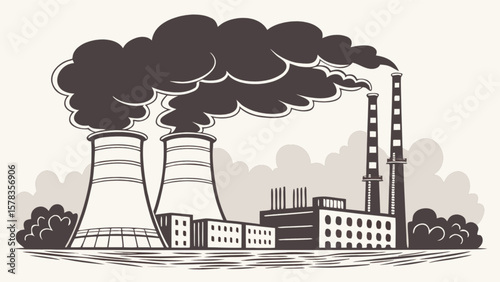 Illustration of industrial factory with smoke stacks emitting pollution and environmental concerns vector art