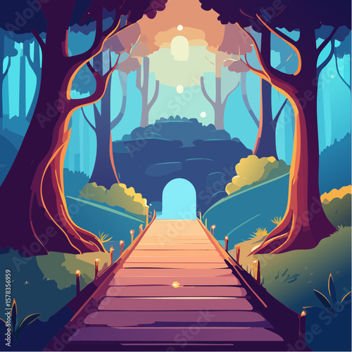 Magical forest path leading to glowing grotto
