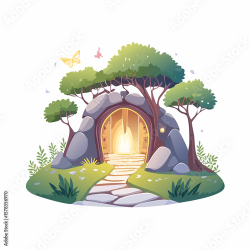 Magical forest path leading to glowing grotto