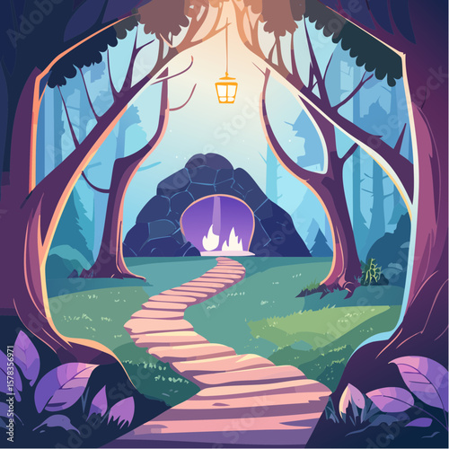 Magical forest path leading to glowing grotto