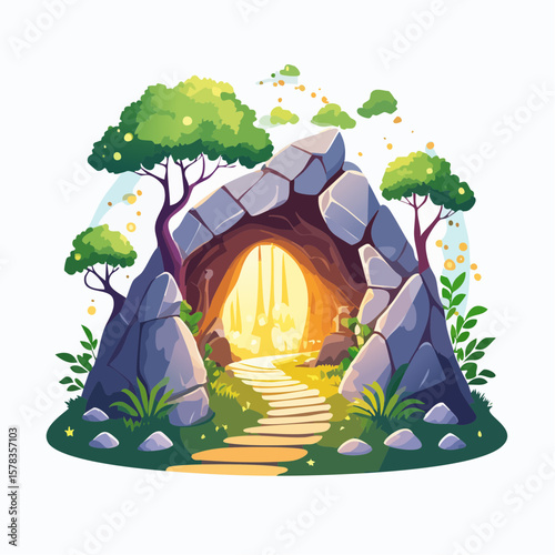 Magical forest path leading to glowing grotto