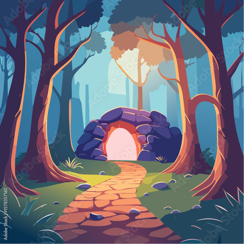 Magical forest path leading to glowing grotto