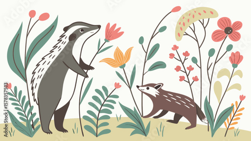 Cartoon house illustration with trees and flowers in a landscape scene vector graphic design art