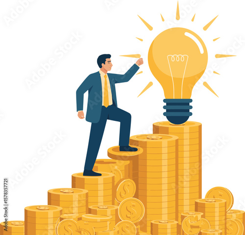 Businessman climbing stacks of gold coins towards a bright illuminated light bulb representing success ai generated vector design