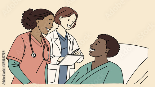 Medical team consulting patient in hospital bed healthcare professionals discussing treatment plan recovery