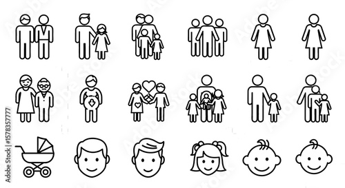 Family icon set showing diverse relations. Parents, children, couples, family structure, generations