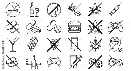 Collection of various prohibitory signs displayed. Symbolizes prevention and negative health impacts, promoting healthy choices.