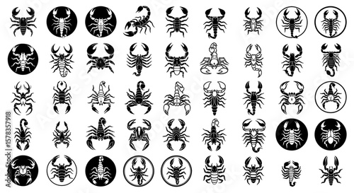 Collection of scorpion vector silhouettes in various designs. Insect icons, dangerous wildlife, arachnid, tribal tattoo