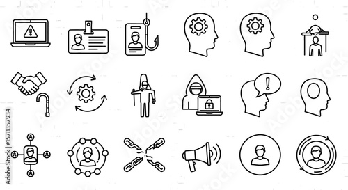 Collection of cybersecurity icons depicting cyber threats. Information security, internet safety, risk management, data protection, network