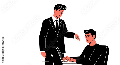 Boss points at employee's computer screen explaining work. Supervision, management, mentoring, guidance, delegation, oversight, accountability.