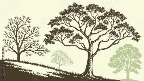 Illustration of green trees landscape drawing vector design for nature scenery background and art projects