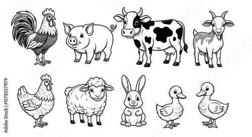 Farm animals are isolated on a white background. Cartoon style animals, livestock, pets, mammals, poultry, farm animals