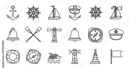 Nautical themed icons are arranged in a grid. Symbols of maritime life, sailing, travel, and exploration.