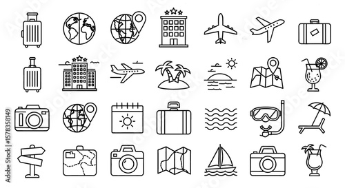 Assorted travel icons are arranged on a transparent background. Travel planning, vacation, tourism, journey, icons, symbols, trip
