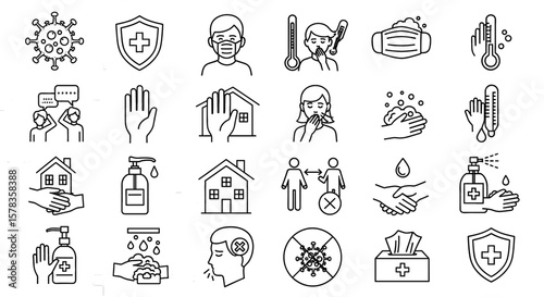 Icons illustrate prevention and safety measures against coronavirus. Line art, covid-19, hygiene, health, protection, awareness, sanitary