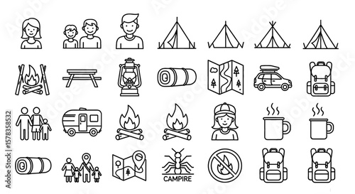 Camping line art icons illustrate outdoor adventures. Family vacation, recreational activity, outdoor exploration, nature, travel