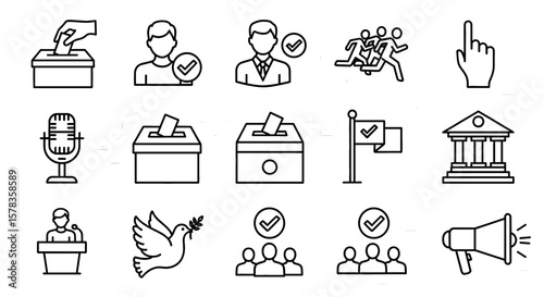 Icons showing politics and elections on transparent background. Voting, campaign, government, and democracy symbols.
