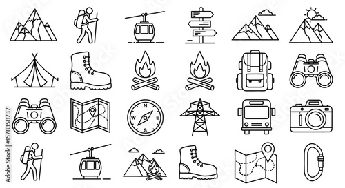 Collection of camping and hiking outline icons. Adventure travel, outdoor recreation, exploration symbols