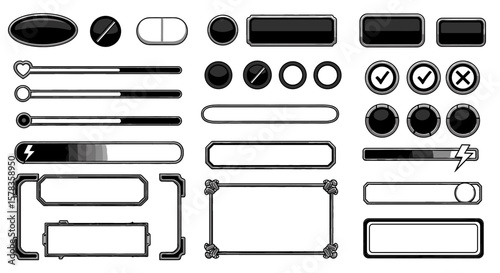 Graphic user interface design elements for games. Game ui, buttons, bars, frames, asset design, gaming technology
