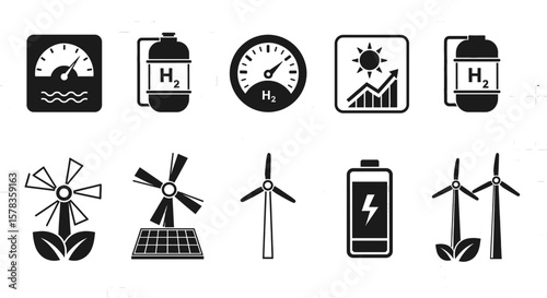 Renewable energy technologies icons illustrated. Hydrogen fuel, sustainable power, green energy, future technology.