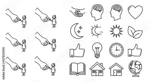 Outline icons representing growth and connection. Symbols for support, learning, and positive values.
