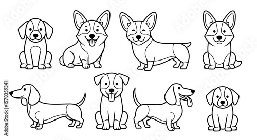 Cute cartoon dogs sit and stand in a row. Animal illustration, pet drawings, dog breeds, vector graphics, line art, comic style.