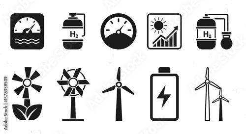 Set of icons representing renewable energy sources. Sustainable power, green technology, eco-friendly solutions, environmental protection, and conservation.