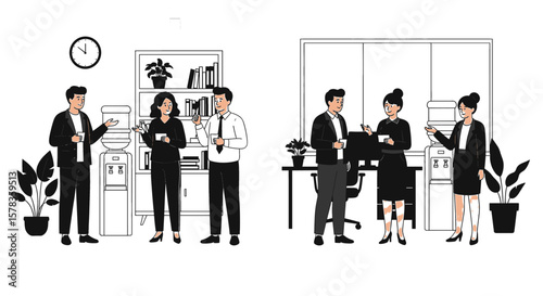 Employees gather and converse in the office break room. Casual workplace discussion, office collaboration, water cooler talk, team communication, business environment, professional colleagues