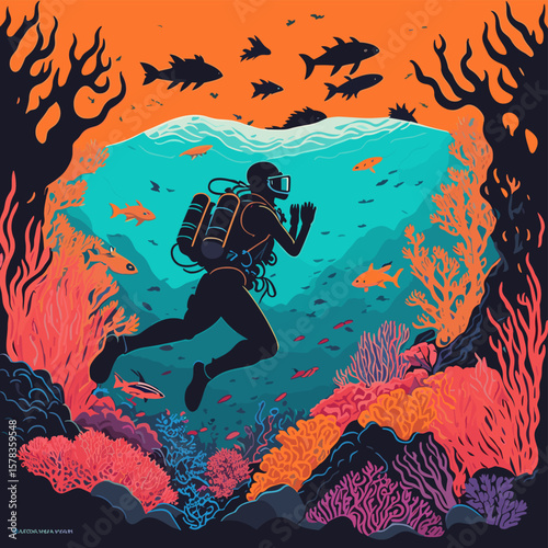 2d vector illustration colorful diver underwater diving, scuba sea ocean coral fish reef water dive  tropical  nature deep