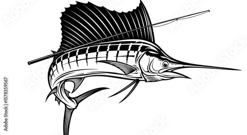Sailfish leaps while a fishing pole rests across its back. Marine wildlife, aquatic life, fishing adventure, sport.