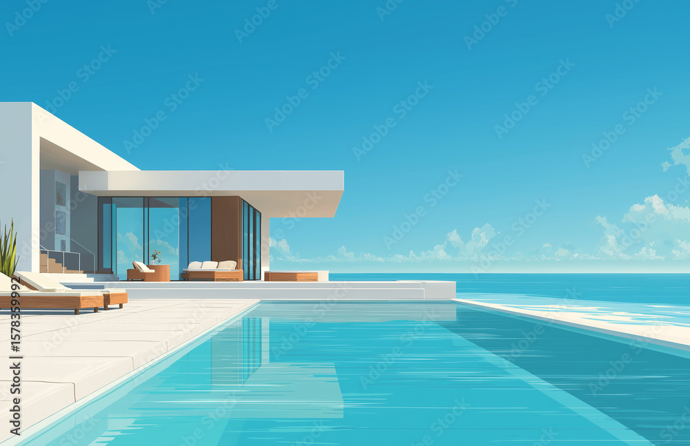 Fototapeta premium modern house with infinity pool and sea view, white modern architecture on the island in thailand, pooL