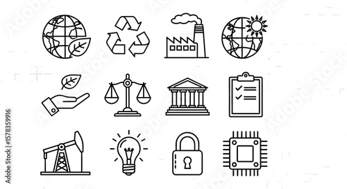 Outline style icons showcase various aspects of sustainability and innovation. Environmental protection, renewable energy, technology, and compliance concepts.