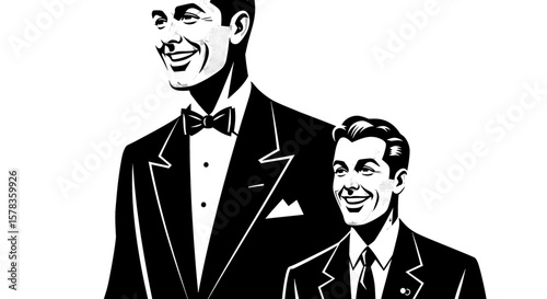 Two men in formal attire smile confidently. Retro style business, vintage fashion, leadership, success