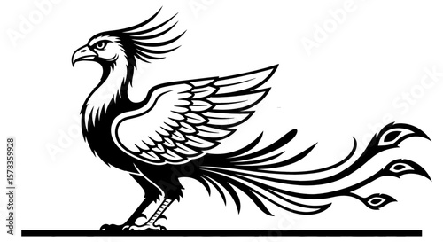 Phoenix bird standing tall with stylized feathers. Mythical creature, rebirth, fantasy, mythology, power, resilience