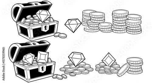 Treasure chests filled with coins and jewels, riches and wealth. Treasure, wealth, luxury, fortune, reward, prize, success, abundance, prosperity