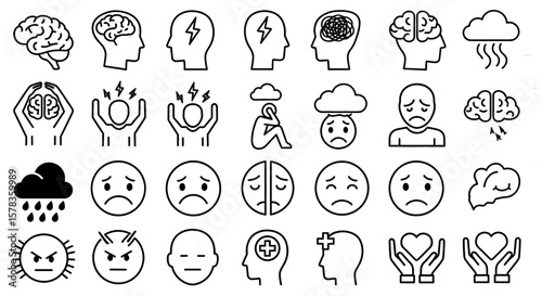 Illustrations depict mental health and emotional distress. Mental health icons, anxiety, depression, stress, sadness, anger.