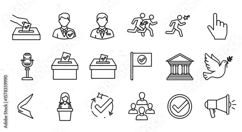 Icons represent elections and democratic processes. Symbols including voting, candidates, and civic participation.