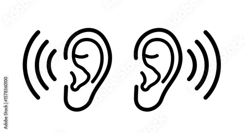 Illustration depicts ears listening with sound waves. Hearing, listening, sensory perception, audiology, deafness awareness.
